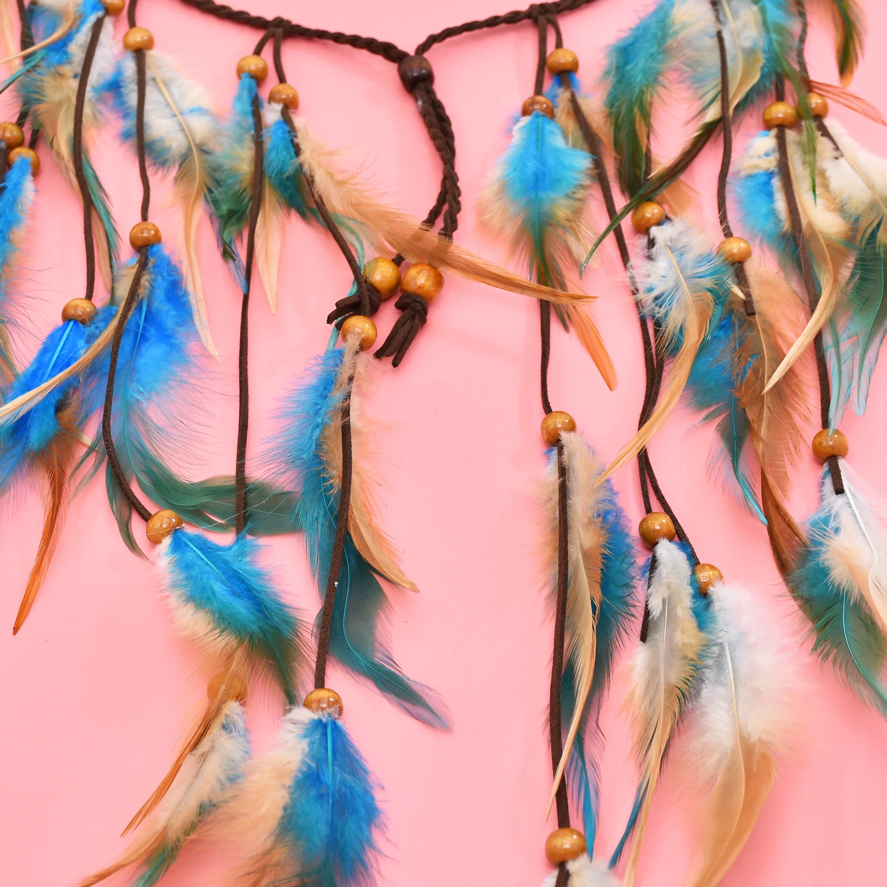 طويل الأزرق البني ريشة عقال للنساء البوهيمي العرقية مهرجان الهبي حفلة جلدية الخشب الخرز الشعر مجوهرات اكسسوارات #5