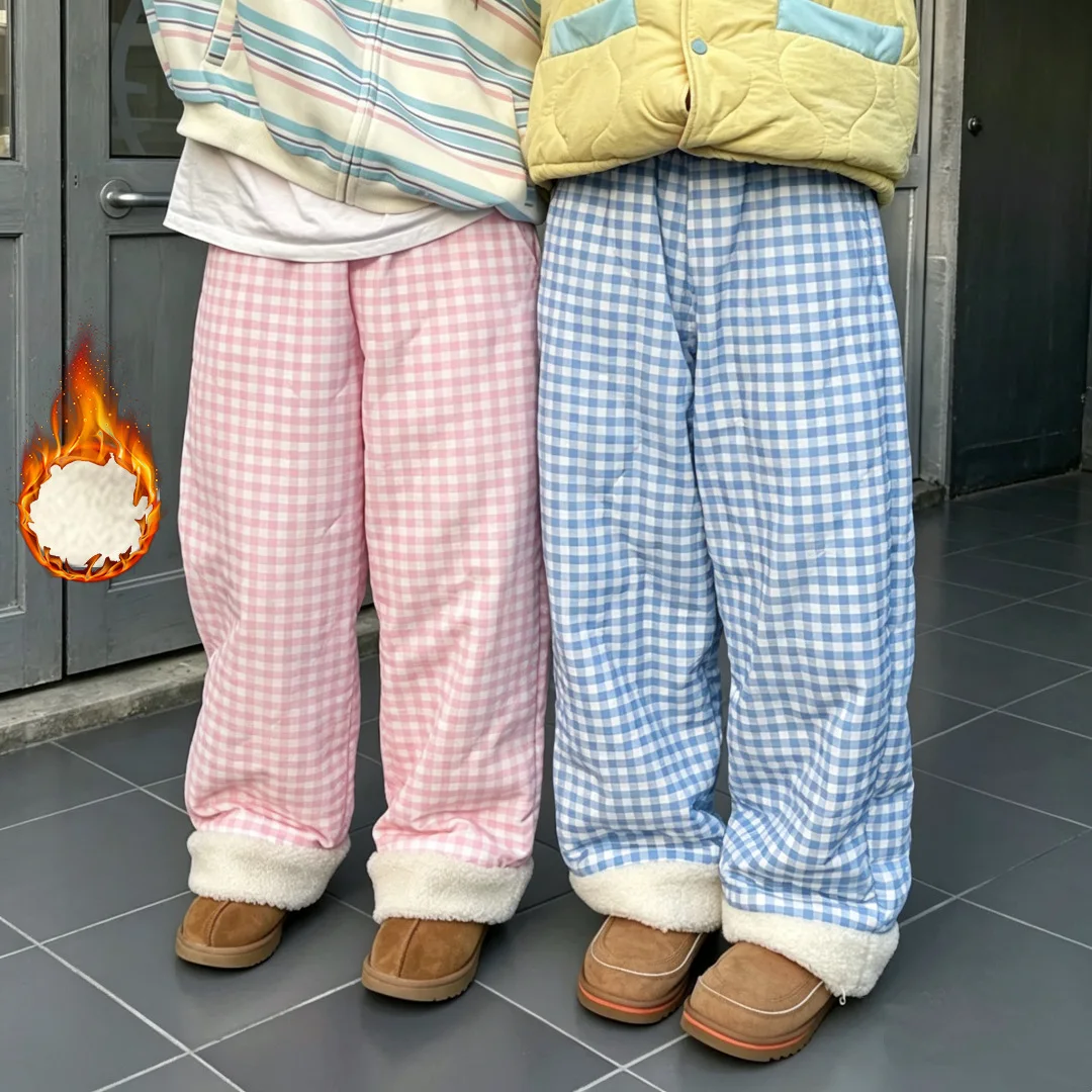 Women's Sweet Korean Plaid Quilted Wide Leg Loungewear Pants, Loose Figure-Flattering Drawstring Thermal Cotton Sleep Pants