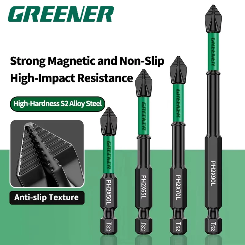 GREENERY Non-slip Phillips Screwdriver Bit Set S2 Magnetic Toothed Anti-slip Phosphated Coating Impact Drill Bit for Power Tools