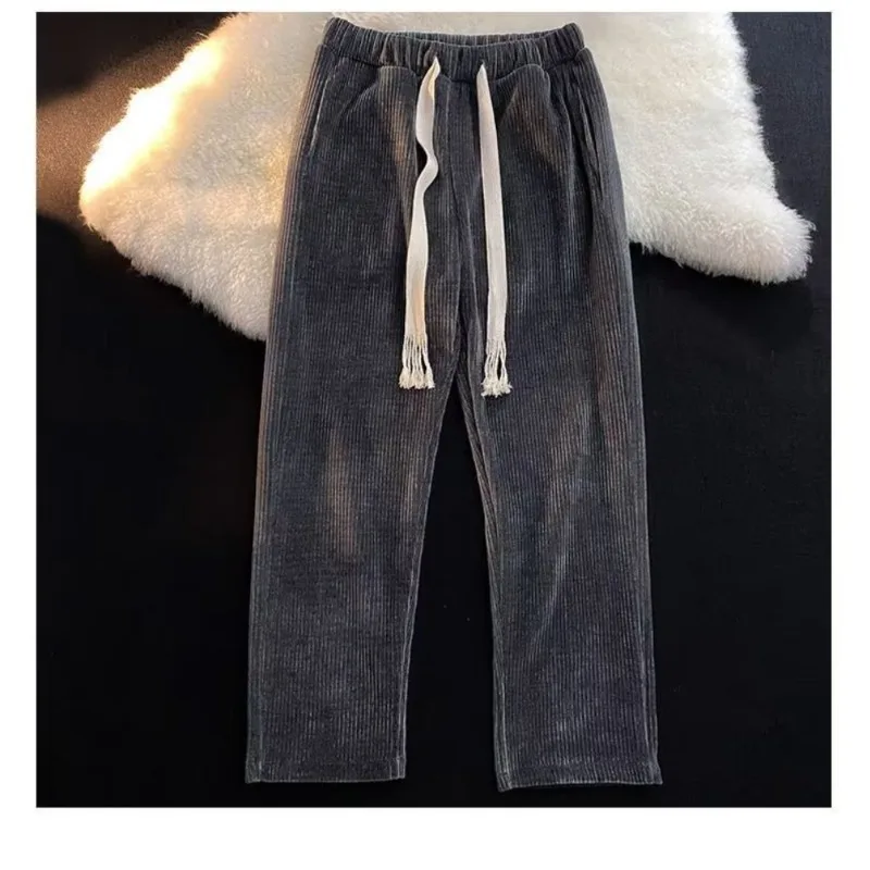 Causal Relaxed Straight Cut Full Length Trousers Decorative Tassel Tip Drawstring Waist Wide Leg Pants for Daily Men Streetwear