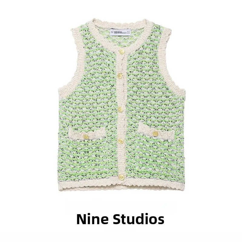 

NINE ZA женский вязаный жилет, топ с круглым вырезом и текстурой, 39904, украшенный пуговицами, повседневный, удобный, свободный крой