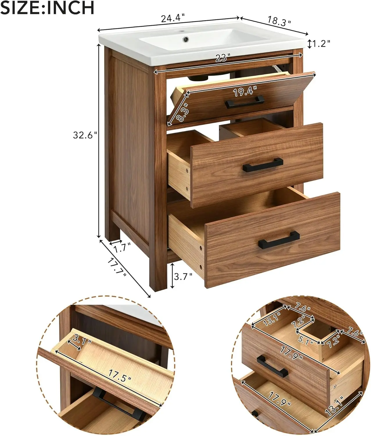 Bathroom Vanity with Sink,Modern Bathroom Storage Cabinet with 3 Drawers,Easy Assmebly and Clean,for Bathrooms with Small