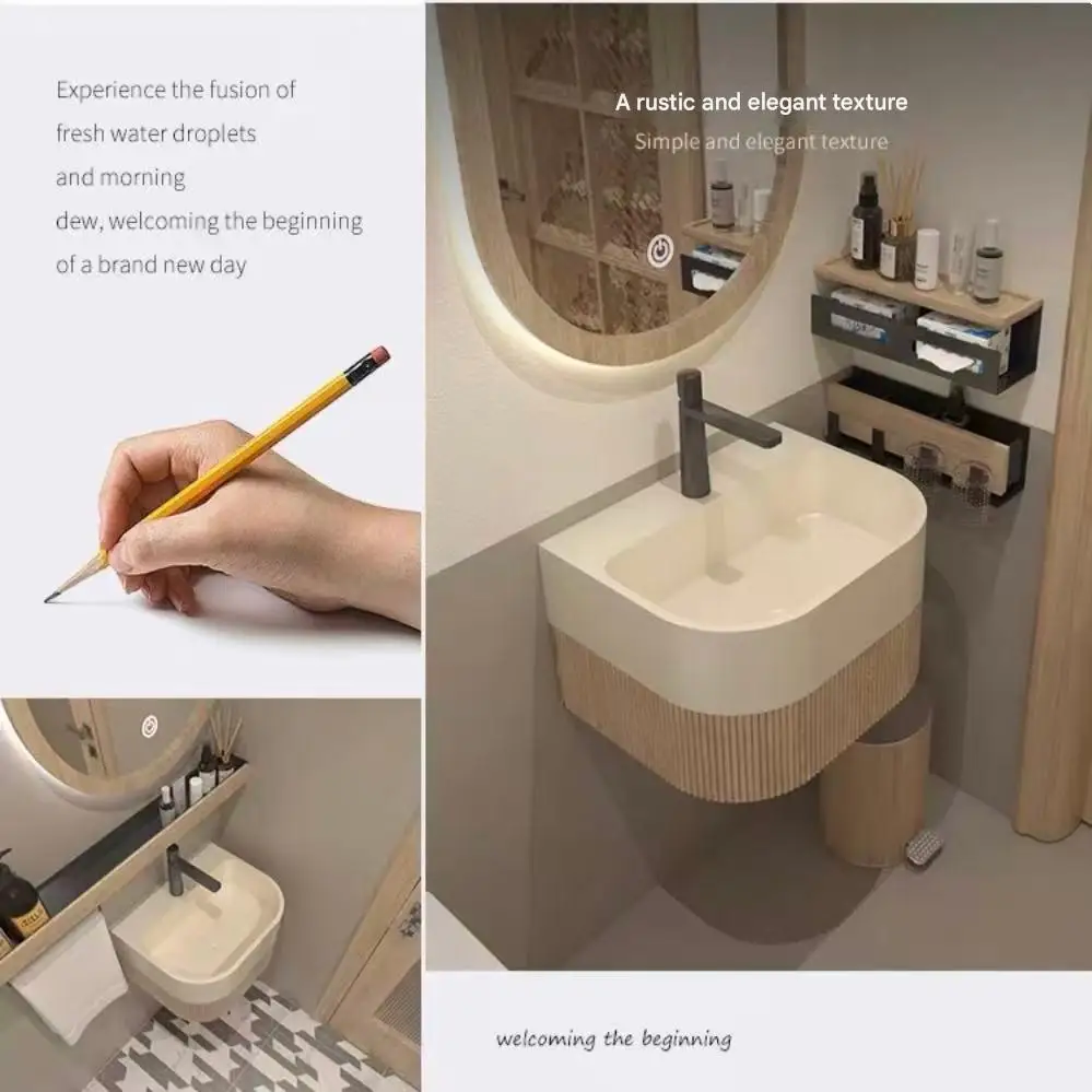 Modern Design Fluted Light Walnut Curve Bathroom Cabinet Sintered Stone Vanity With LED Mirror for Hotel Toilet Room