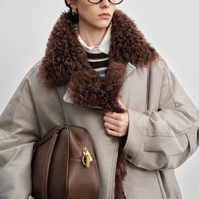 YOLANFAIRY الخريف والشتاء 90 الأبيض أوزة أسفل الفراء سترة انفصال لامب طويلة الأكمام الفراء طوق معطف الصوف شوهابا اغنائية 2025