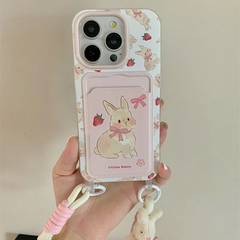 Cute Strawberry Rabbit Card Bag Hanging Rope Phone Case  For iPhone 15 14 Plus X XS XR 11 12 13 Pro Max Silicone Cases Cover