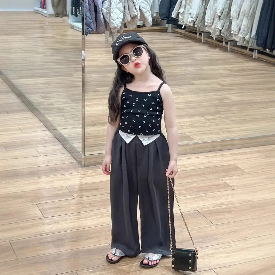 

2025 Summer New Korean Version Children's Clothin Spicy Girl Outfit Backless Smiley Face Vest Straight Leg Trousers
