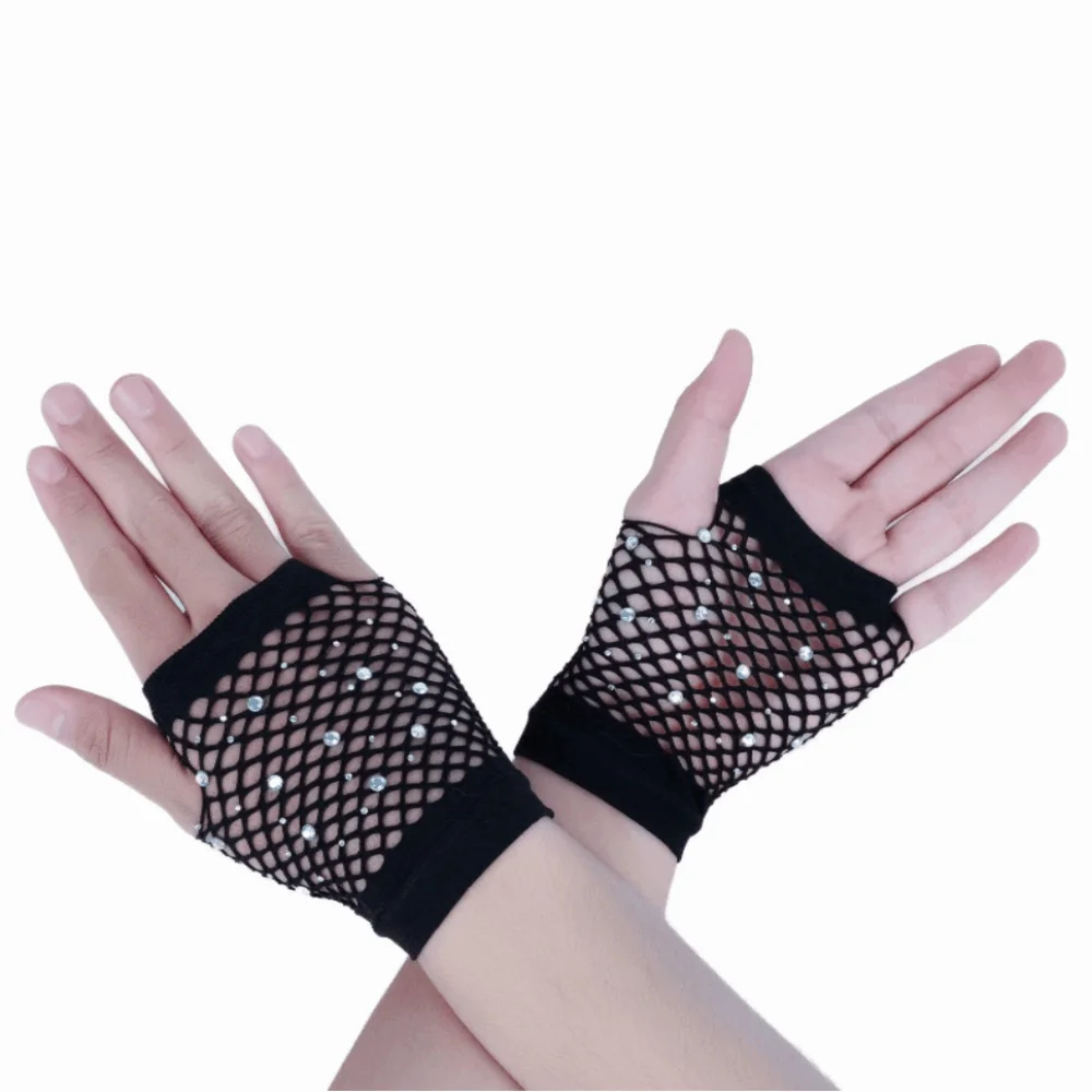 Party Elastic Rhinestone Gloves Shiny Punk Mesh Lace Gloves Black White Gothic Style Long Gloves Dance Wear