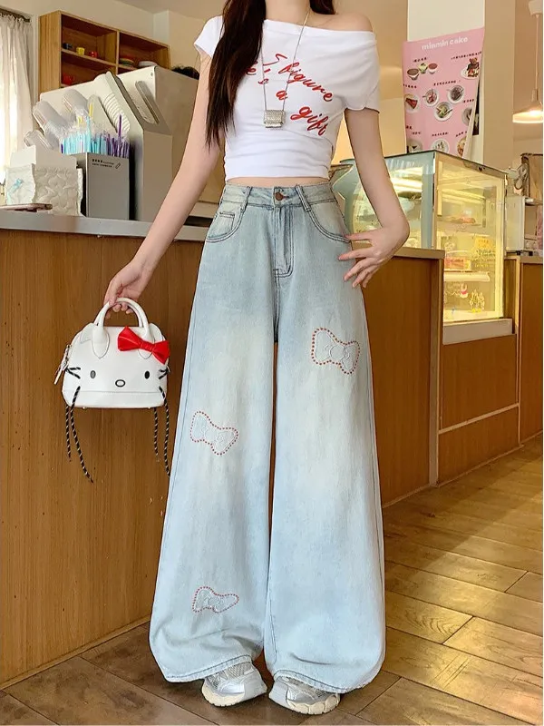 

plus Size Women's Retro Light Blue Embroidered High Waist Wide Leg Denim Pants Summer New Sle Faionable Casual Trousers