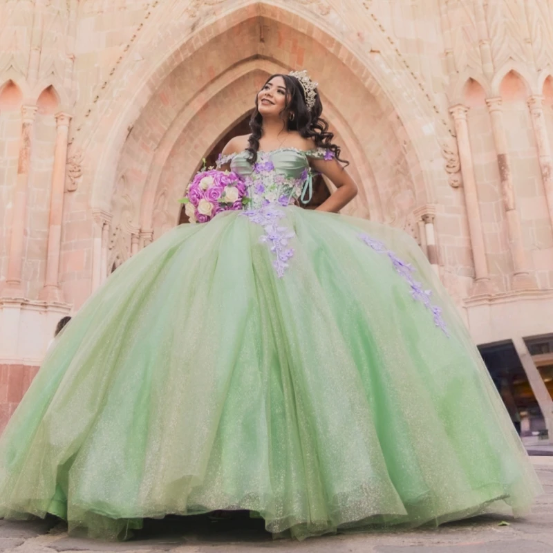 

Green Shiny Quinceanera Dresses Off Shoulder Ball Gown Sweet 16 Dress Applique Lace Beading Crystal Tull Corset Birthday Party