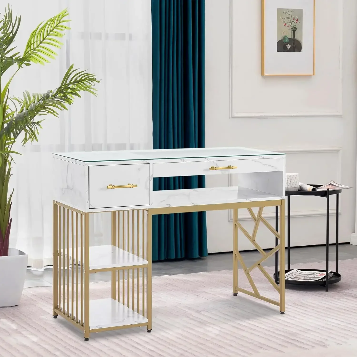 Modern Manicure Table with Drawers, Marbling Texture Nail Desk with Storage Shelves, Glass Top, Beauty Salon Nail Station 2460 (