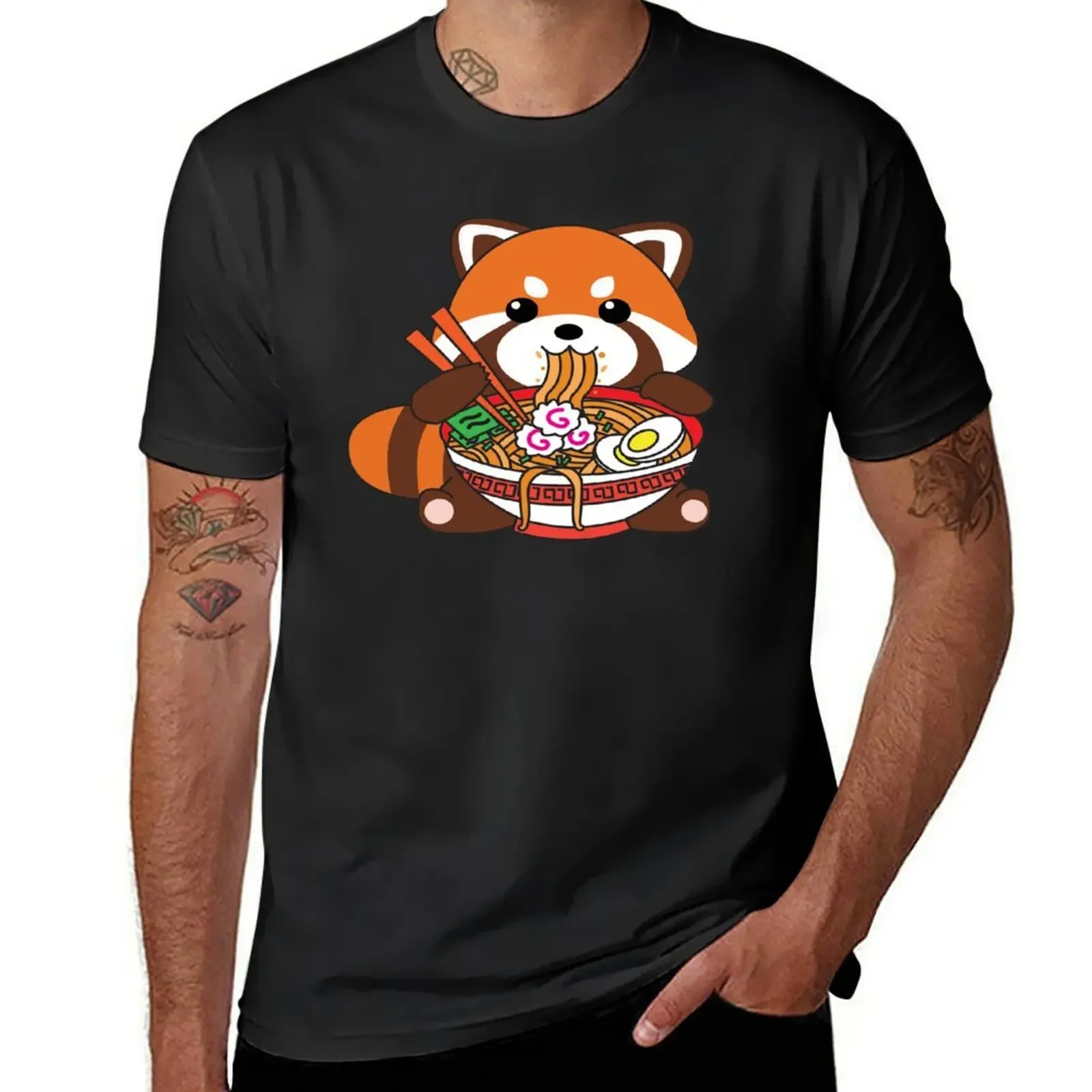 

Cute Kawaii Red Panda Eating Ramen Noodles T-Shirt custom t shirt cute clothes Men's clothing