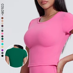 SHINBENE Crew Neck Tops Short Sleeve Crop Tops Slim Fit Crop T-Shirt Basic Cropped T Shirts for Women