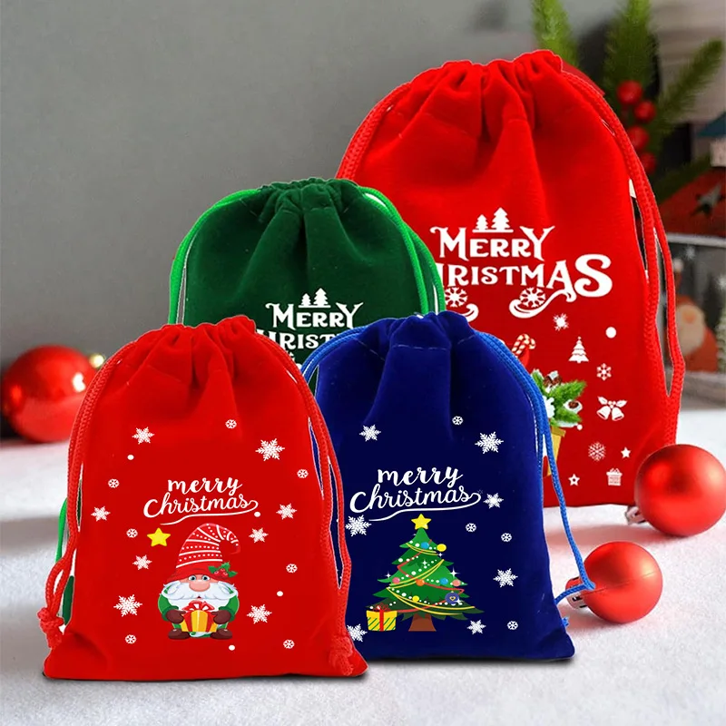 50pcs/lot 10*12cm Red/Blue/Green Christmas Gift Candy Packaging Children's Bags Santa Claus Snowman Velvet Drawstring Pouches