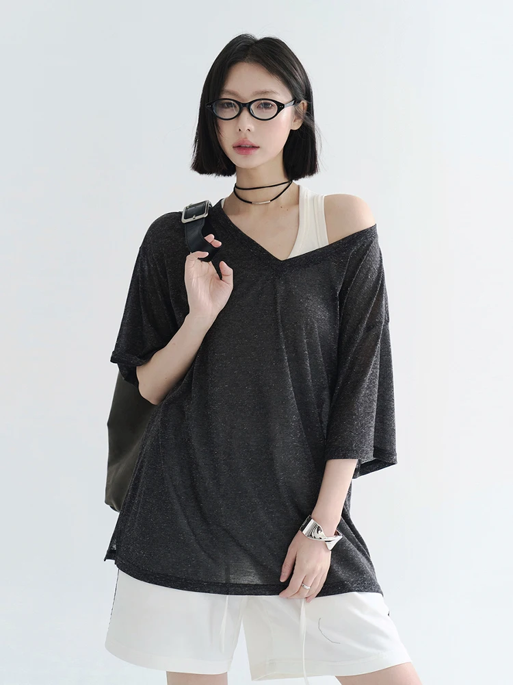 

avitational Museum Semi-Transparent Thin ort Sve V-Ne T-irt Women Summer 2025 Loose Top Casual Sle Pure Color Po...