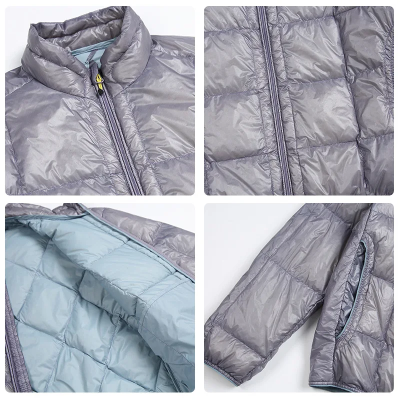 Alta qualidade impermeável 10d náilon ultra leve 90% branco para baixo jaqueta masculina e feminina gola portátil puffer jaqueta JK-076
