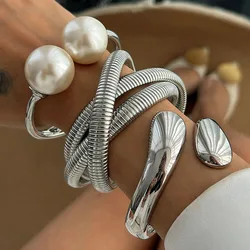 Punk Hip Hop Pearl Wide Cuff Bangles Fashion Gold Silver Color Geometric Spring Bangles For Women Bracelet Jewelry