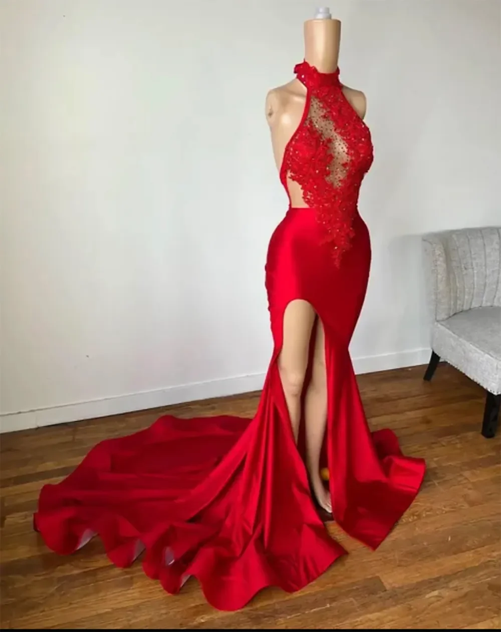 Elegant red turtleneck decal sexy halter sleeveless luxury evening dress side slit Mermaid ladies robe Formal Party Ball