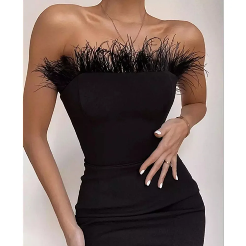 

Fashionable Bandage Feather Dress, Elastic Slim Fit StrapleSS Party Dress