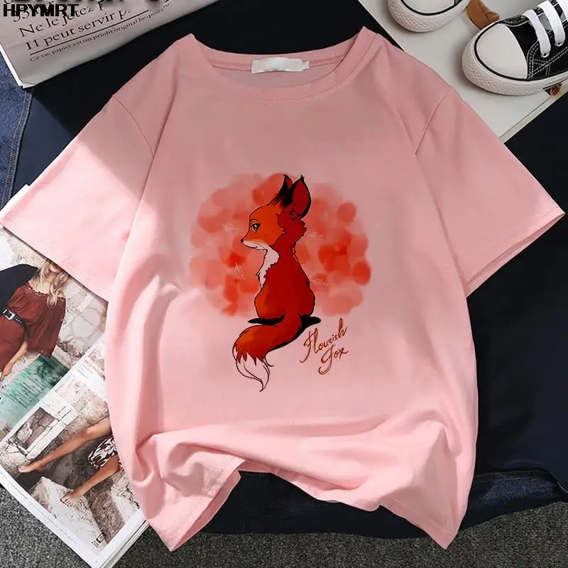 Kawaii Fox print ladies T-shirt ladies casual basis O-collar white T shirt short sleeve ladies Tshirt Cute Animal graphics Tops