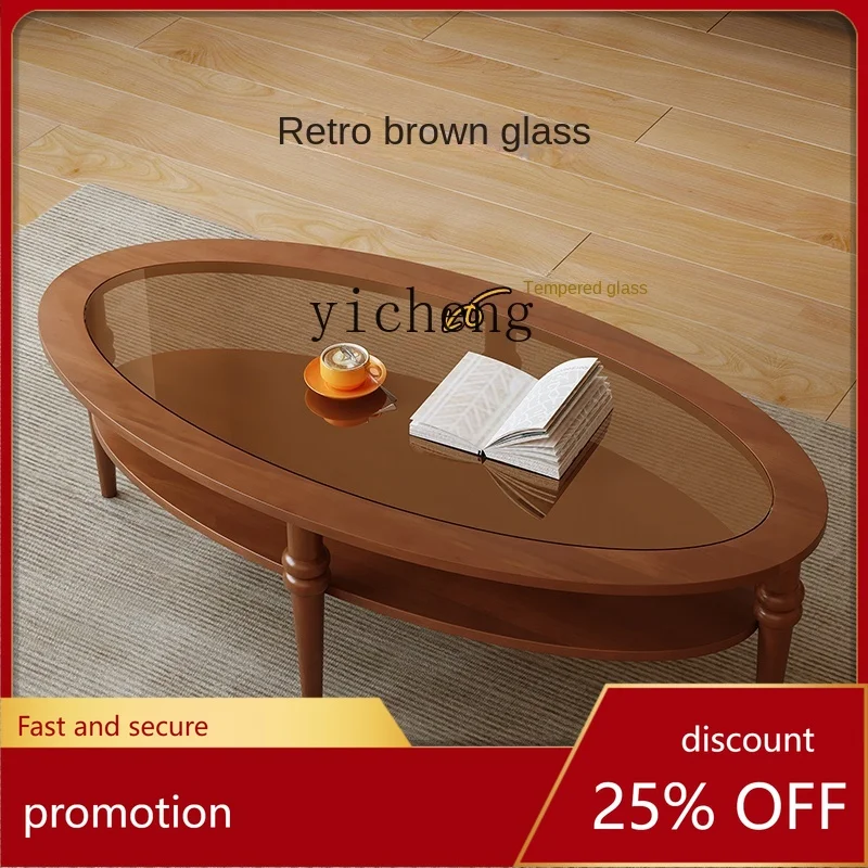 

YFY Oval Solid Wood Tea Table Vintage Small Coffee Table Log Amber-Yellow Glass Tea Table