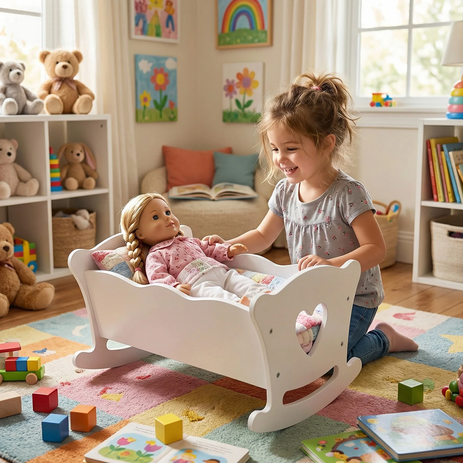 NOVO Brinquedo de Madeira para Bonecas, Berço de Boneca de Madeira com Conjunto de Roupa de Cama Rosa para Bonecas de até 20 Polegadas