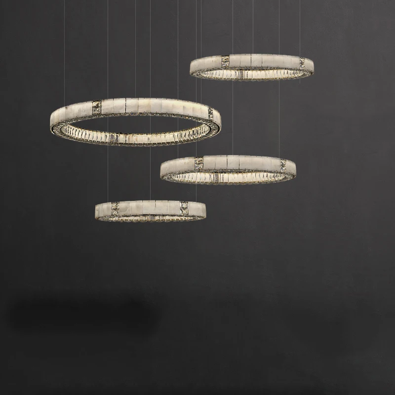 Luxury Round Hanging Lamps for Ceiling 2026 Multiple Circle Clear Crystal Mixed Natural Marble Chandelier Led Lighting