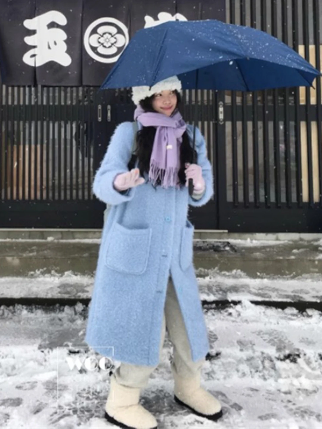 معطف نسائي من الفرو الأزرق والجلد مع فرو الحملان، تصميم كوري جديد للخريف والشتاء، معطف صوفي متوسط الطول بمقاس صغير