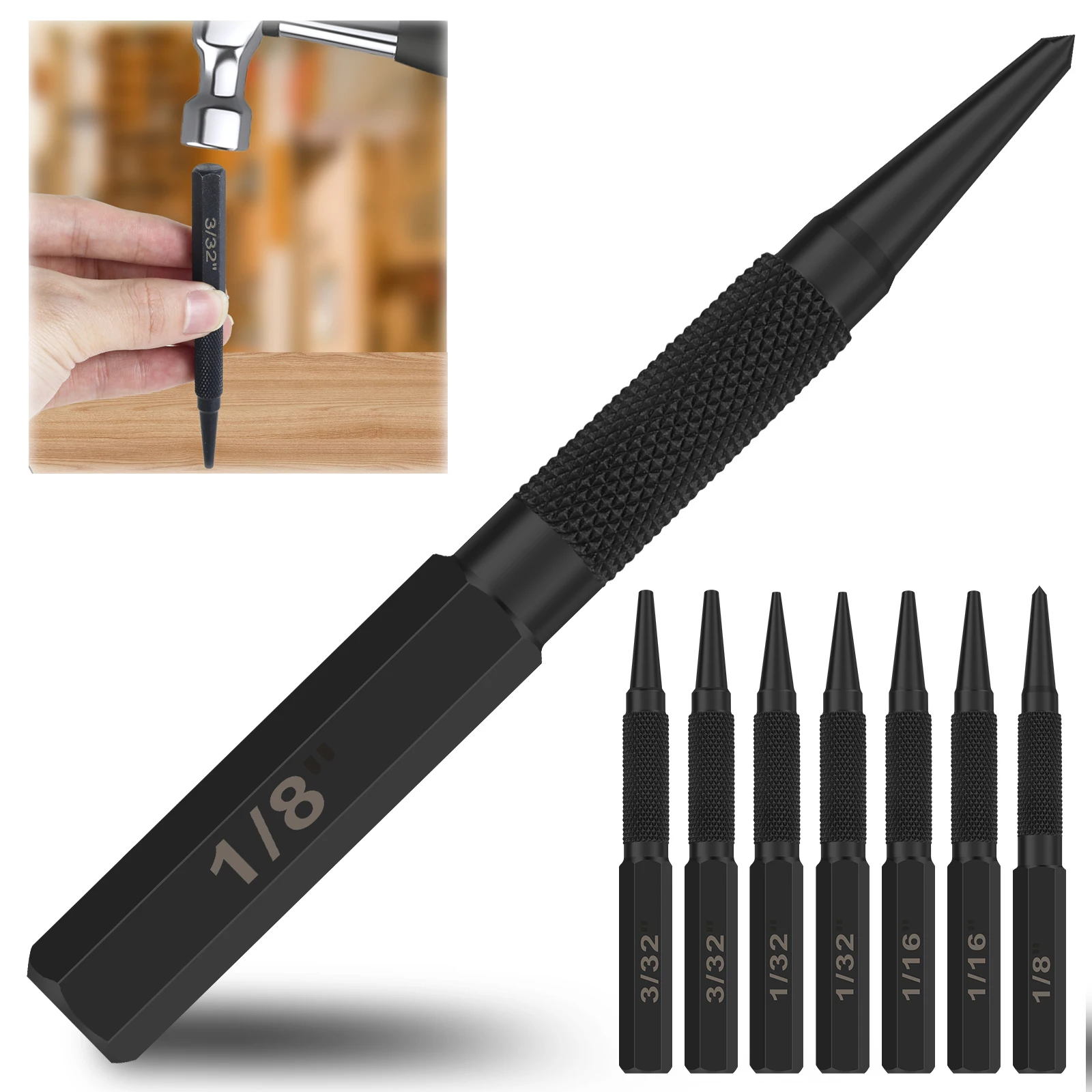 

8PCS Nail Punch and Center Punch Set Hardened Cr-V Steel with Knurled Grip 1/32", 1/16", 1/8" Nail Setter Center Punch Tool