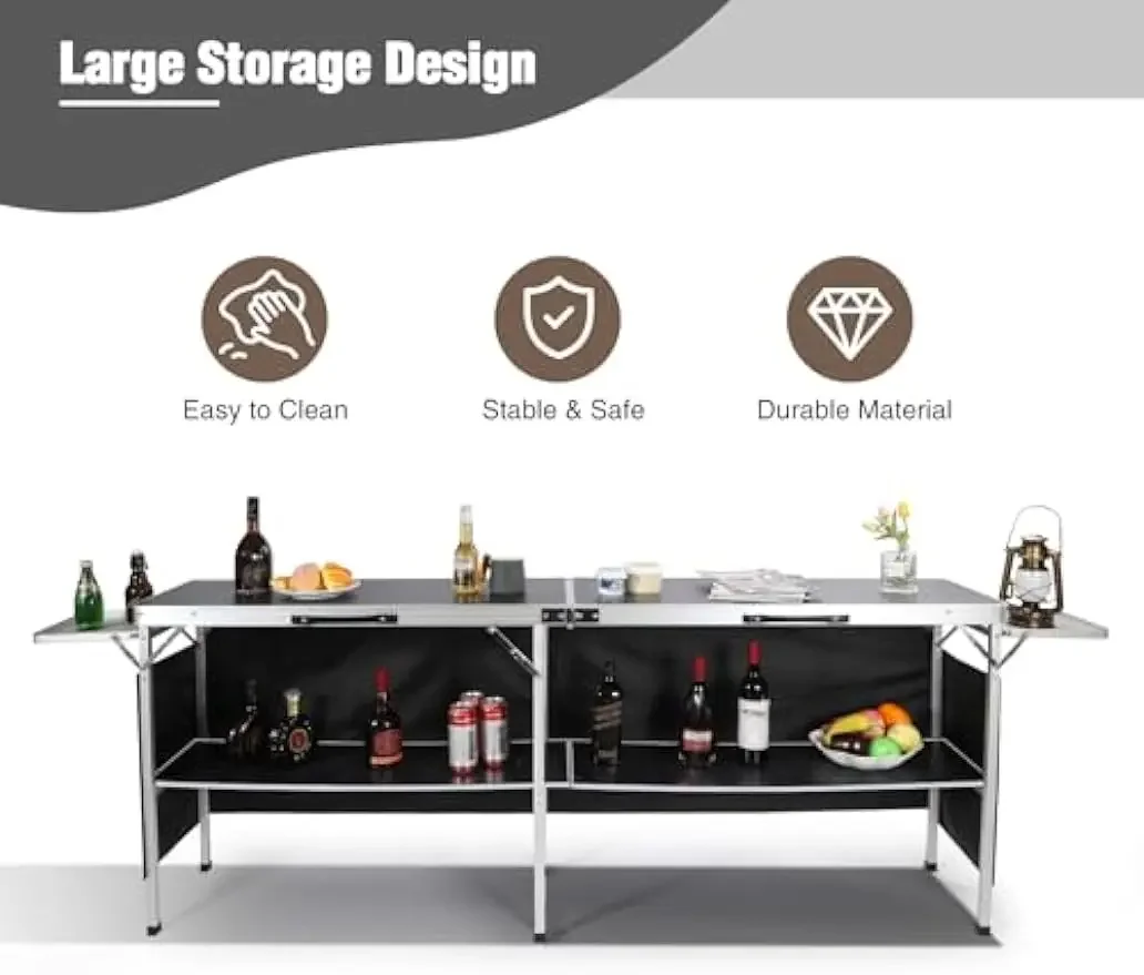 야외 매우 긴 휴대용 바 테이블, 바 스커트 및 보관 선반, 팝업 바 테이블, 파티용 사이드 랙, 파티오, 블랙