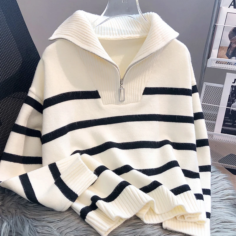 Y2K Stripe Sweet Women Swetry Pullovers Korean Knitted Zipper Loose Female Casual Tops Autumn Fashion New Ladies Pullovers