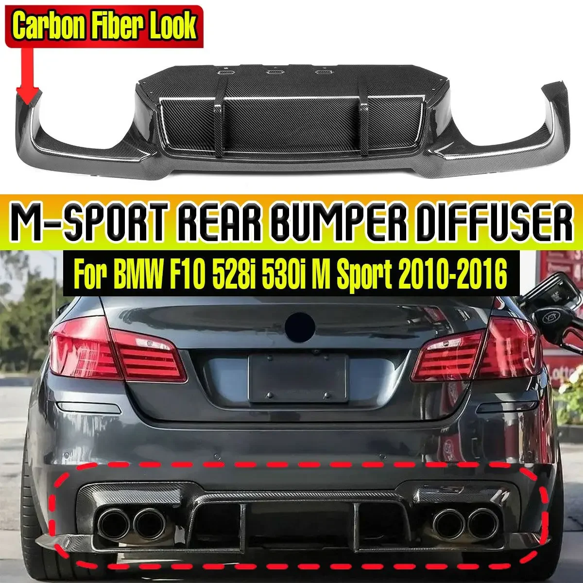 Car Rear Bumper Diffuser Lip Splitter W/ Led Brake Light For BMW F10 528i 530i M Sport 2010-2016 Rear Bumper Spoiler Diffuser