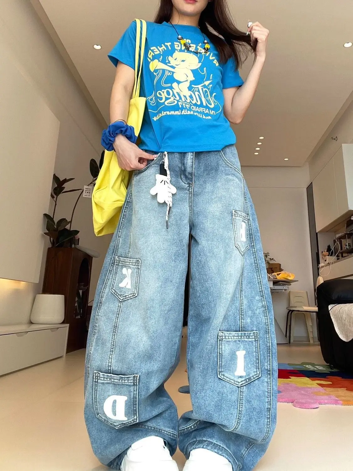 

Women's Blue Letter Printing Multi-Pocket Jeans High Street Washing American Loose Straight Wide-Leg Pants Floor Jeans Trousers