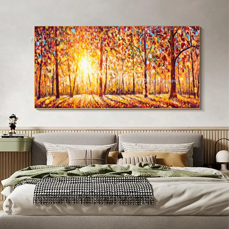 Large Orange Yellow Autumn Forest Landscape Wall Art Decor For Living Room Handmade Blue Tree Road Canvas Oil Painting For Home