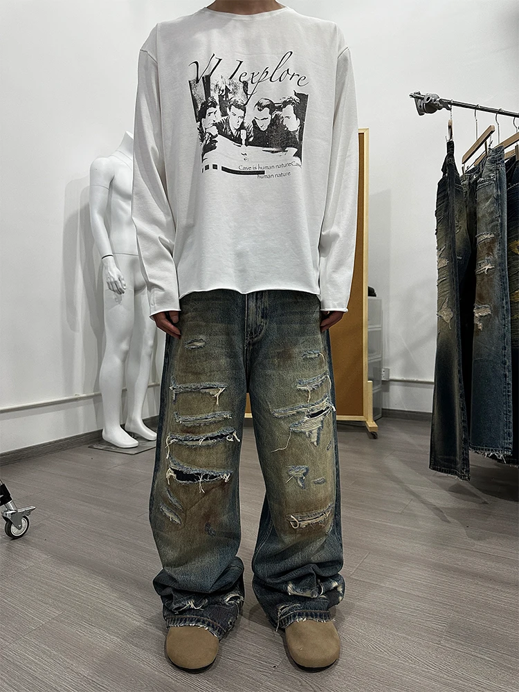 

Viiexplore Men's Distred Wide Leg Micro Flared Denim Jeans Patchwork Waed out Vintage Sle Casual Trousers