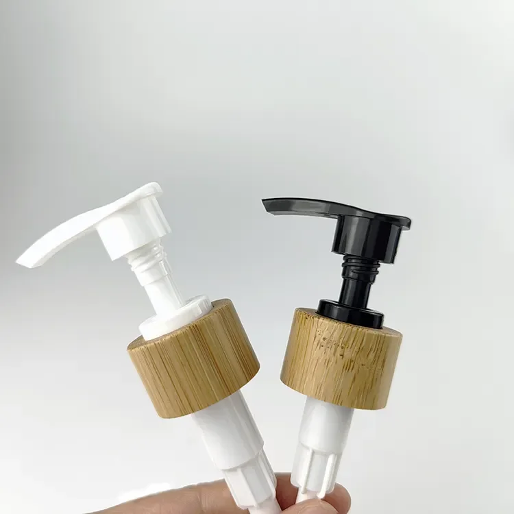 

100Pcs 24/28MM 410 Black White Bamboo Wood Treatment Pump Lotion Shampoo Conditioner Hand Aashing Dispenser Caps Lids with Tube