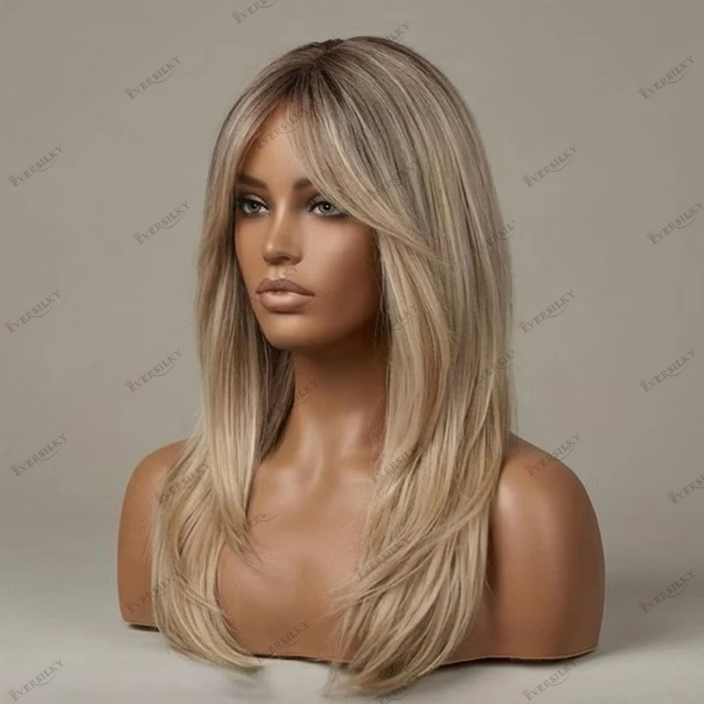 Natural Straight Curtain Bangs Blonde Human Hair Lace Wigs for Black Women Ombre Cream Blonde Dark Brown Roots Full Lace Wigs