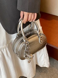 Fashionable Silver Crossbody Bag Women's 2026 New Style Versatile Bowling Bag Soft PU Leather Medium Neutral Style Handbag