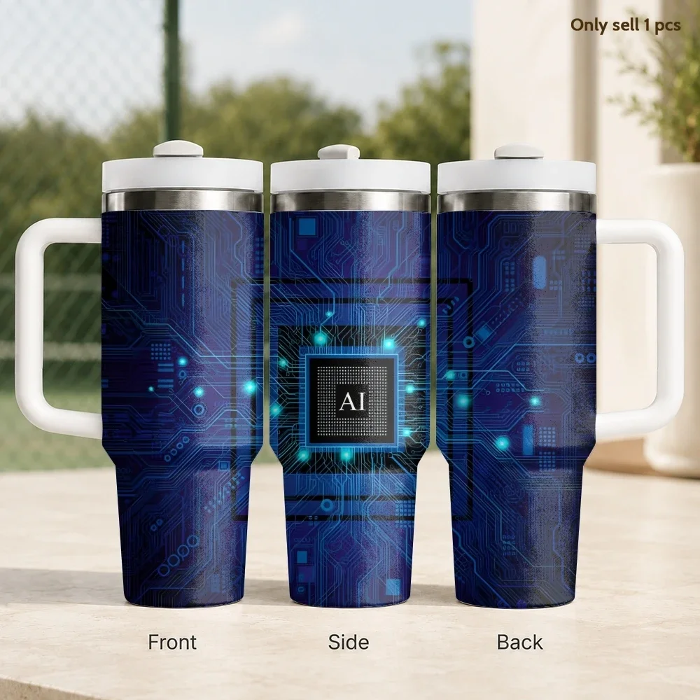 AI Chip Light Pixels Neon Circuit Vacuum Flasks 40oz Stainless Steel Insulated Tumbler with Handle Straw Cup Daily Travel Mug