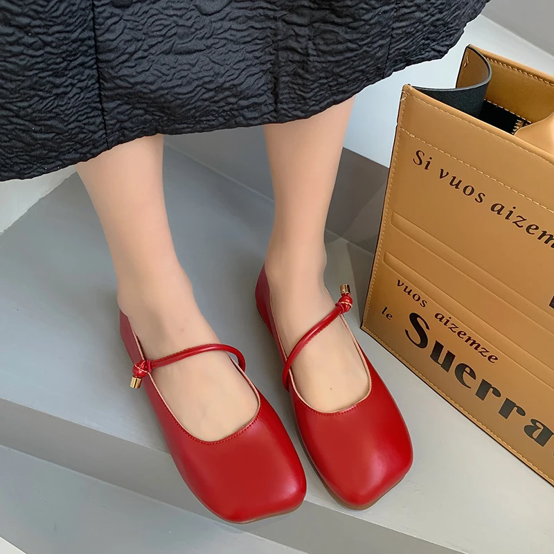 Soft Leatherette Ballerinas Women Rope Belt  Ballet Flats Square Toe Loafers Ladies Retro Red Mary Janes 2022 New view 3