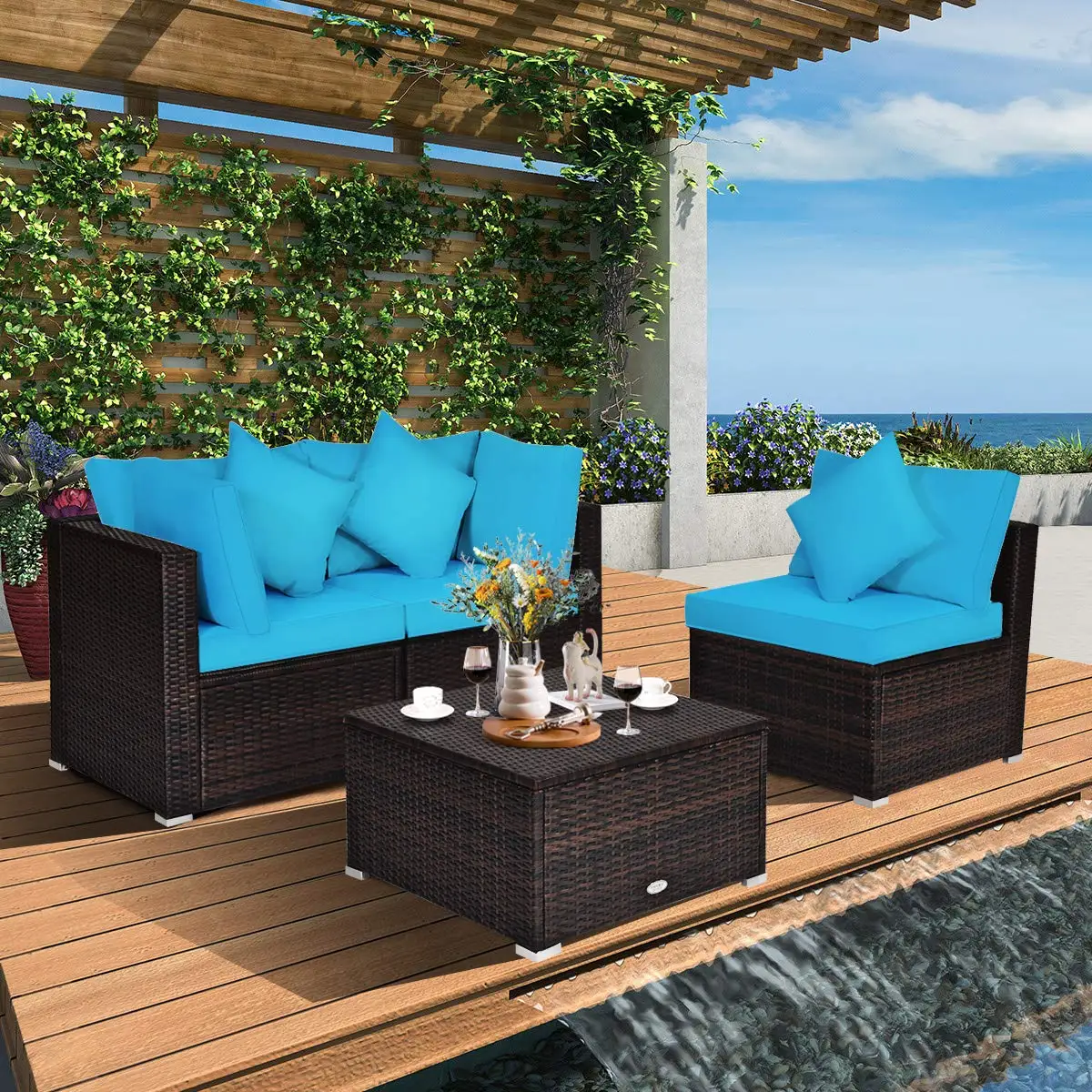 4PCS Rattan Wicker Patio Furniture Set Cushioned Sofa Ottoman Garden Outdoor Turquoise, Customized