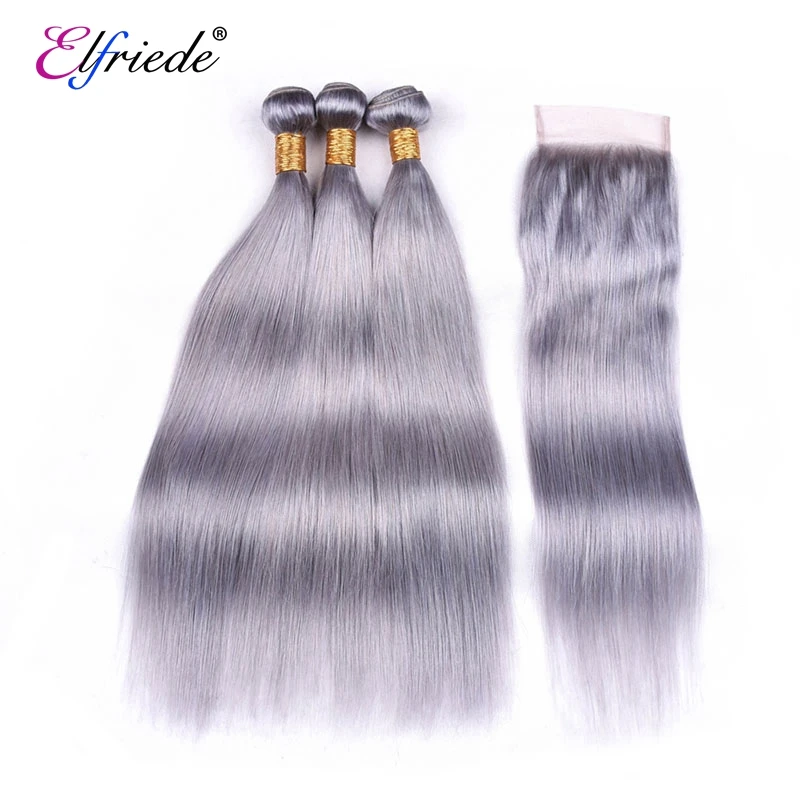 Elfriede #Grey Straight Hair Bundles with Closure Brazilian Remy Human Hair Wefts 3 Bundles with Transparent Lace Closure 4x4