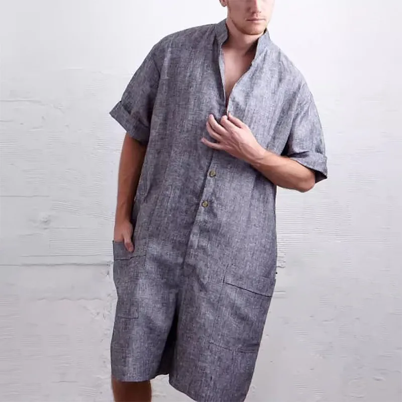 American European New Fashion Men's Casual Trendy Solid Color Short Sleeve Turn-down Collar Loose Knee Length Jumpsuits Male