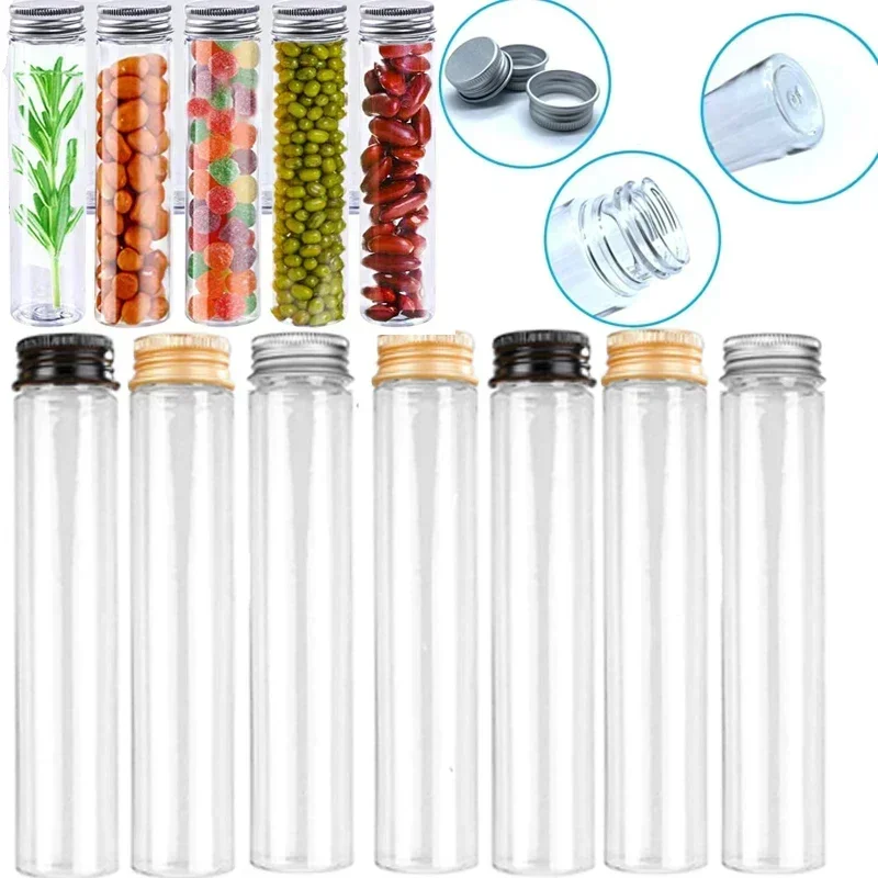 5Pcs 50/65/110ml Plastic Test Tube Bottle w/ Screw  Aluminum Lid Clear Straight Bottles Container For Candy Dried Flower Trinket