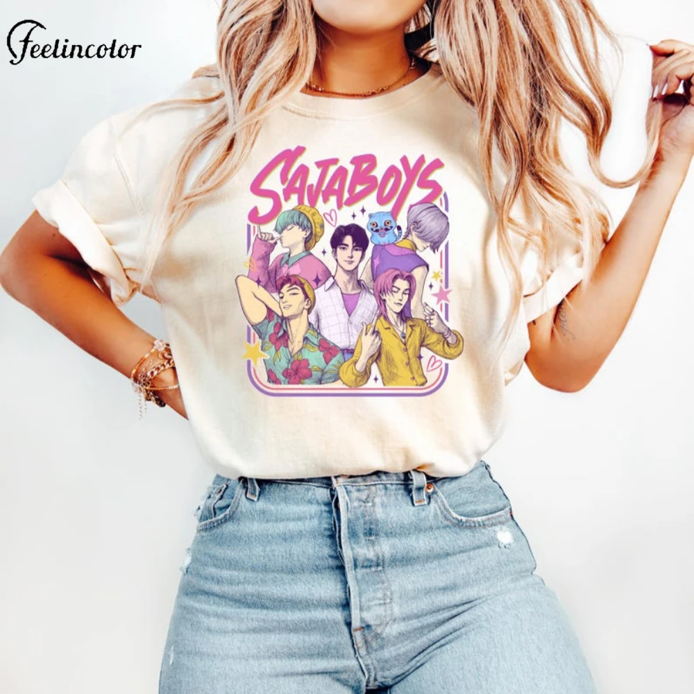 

Sajaboys Kpop Graphic Tee Demon Hunters Vintage T-shirt Casual Short Sleeve Fashion Top Streetwear Summer Women Clohting