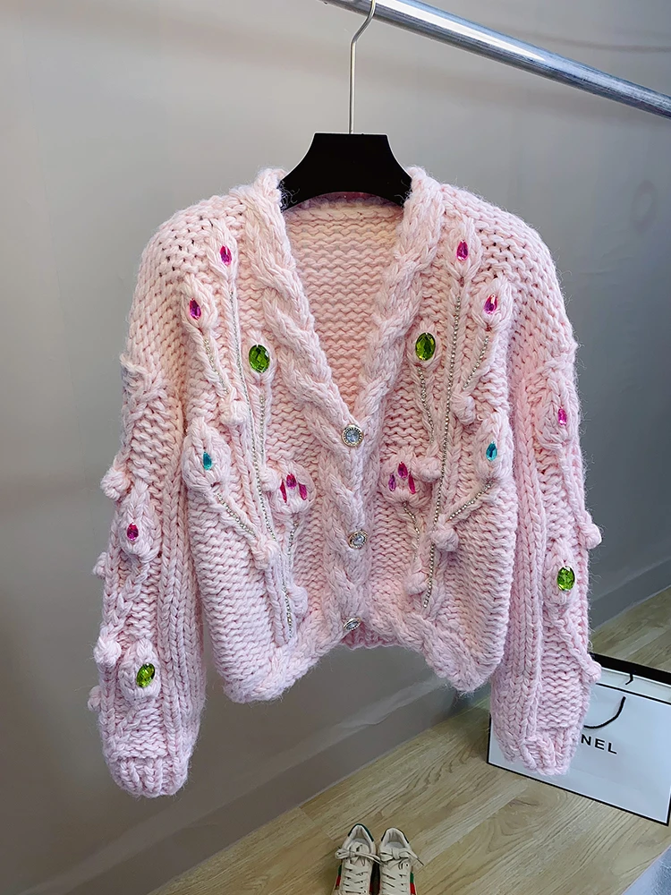 

Pink Hand-Knitted Sweater Coat with Rhinestone, Thick Autumn Winter V-Neck Chunky Knit Cardigan for Women, Outwears