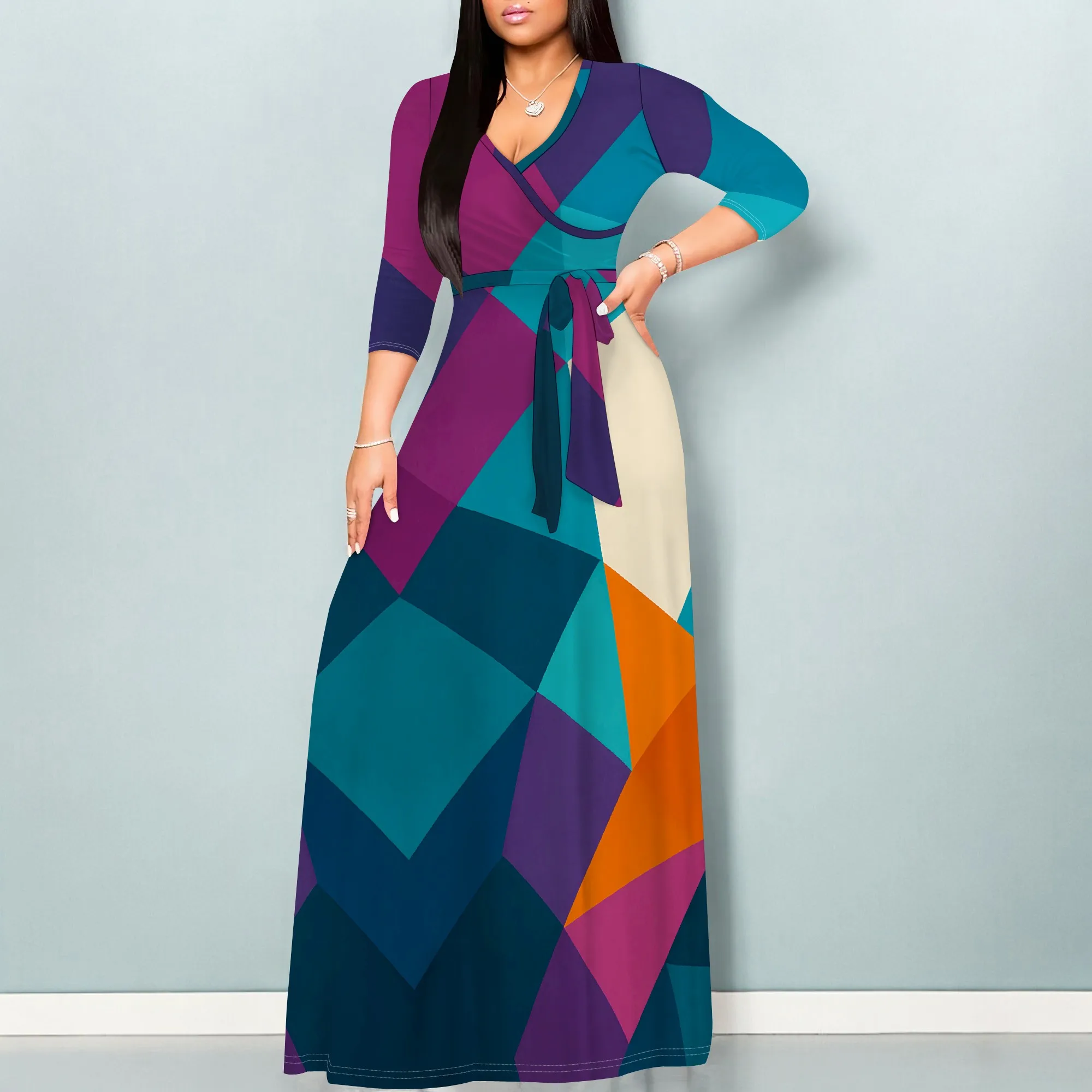 

Women's Geometric Print Wrap Dress S-3XL V-Neck Maxi Style for Juneteenth or Afro Art Festival Look