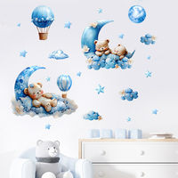 Cartoon Bear Blue Moon Hot Air Balloon Wall Stickers for children's room Nursery Baby Room Decorative Wall Decals Boy Room Mural