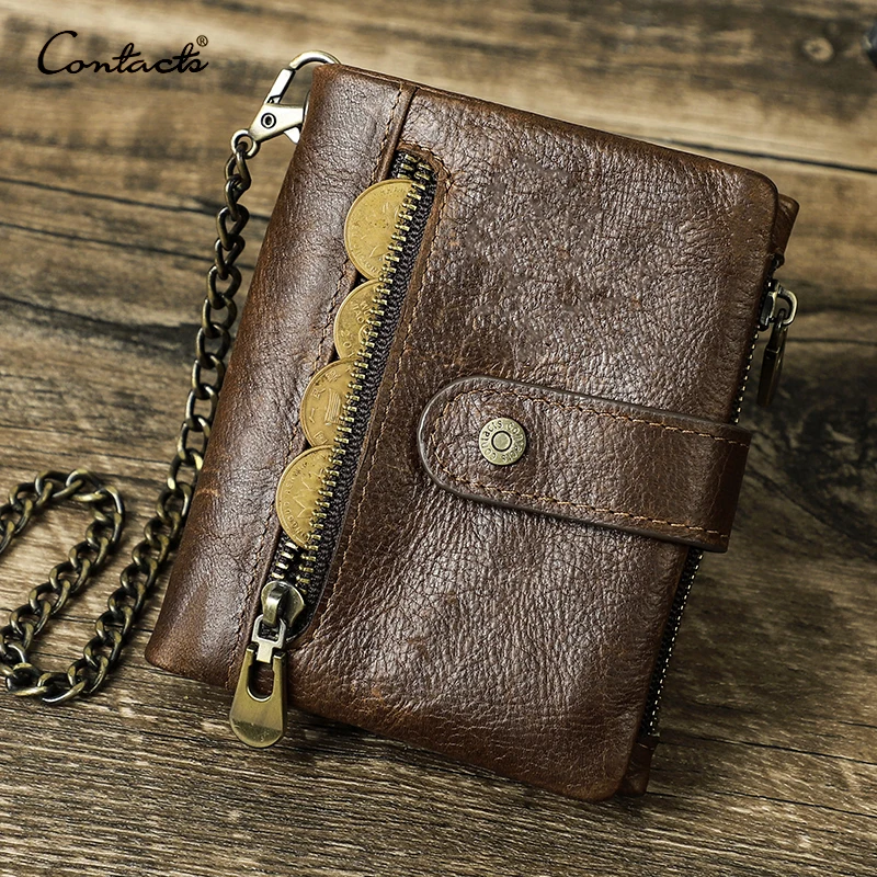 CONTACT'S Genuine Leather Men Wallet Anti Theft Chain RFID Casual Money Clip Male Wallets Credit Card Small Purse Coin Pocket