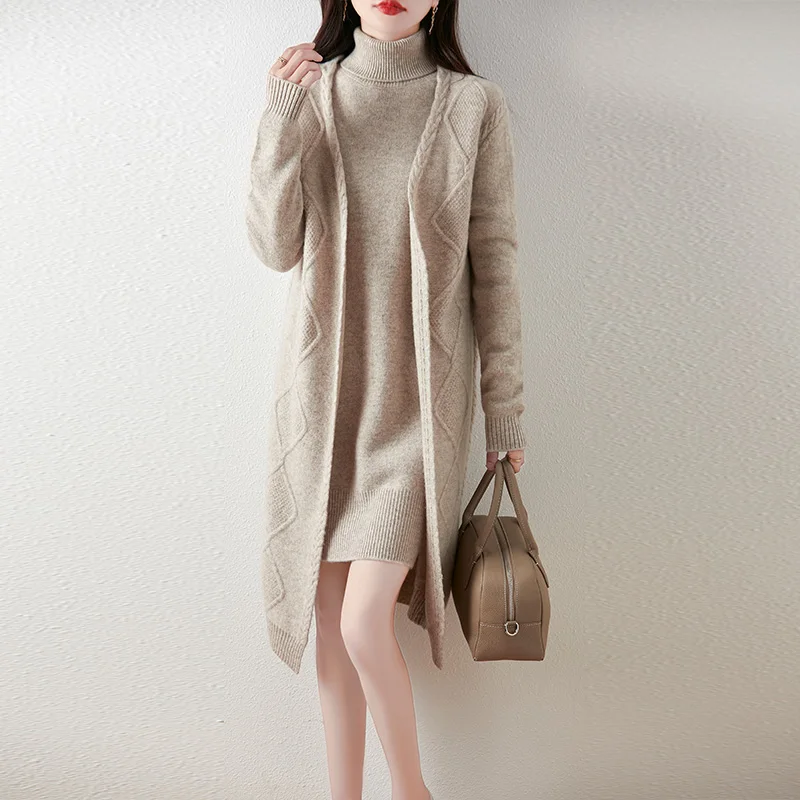 Autumn And Winter Fashion Wool Medium-Long Knit Cardigan Women's Wide Placket Crocheted Sweater Loose Over-The-Knee Padded Coat