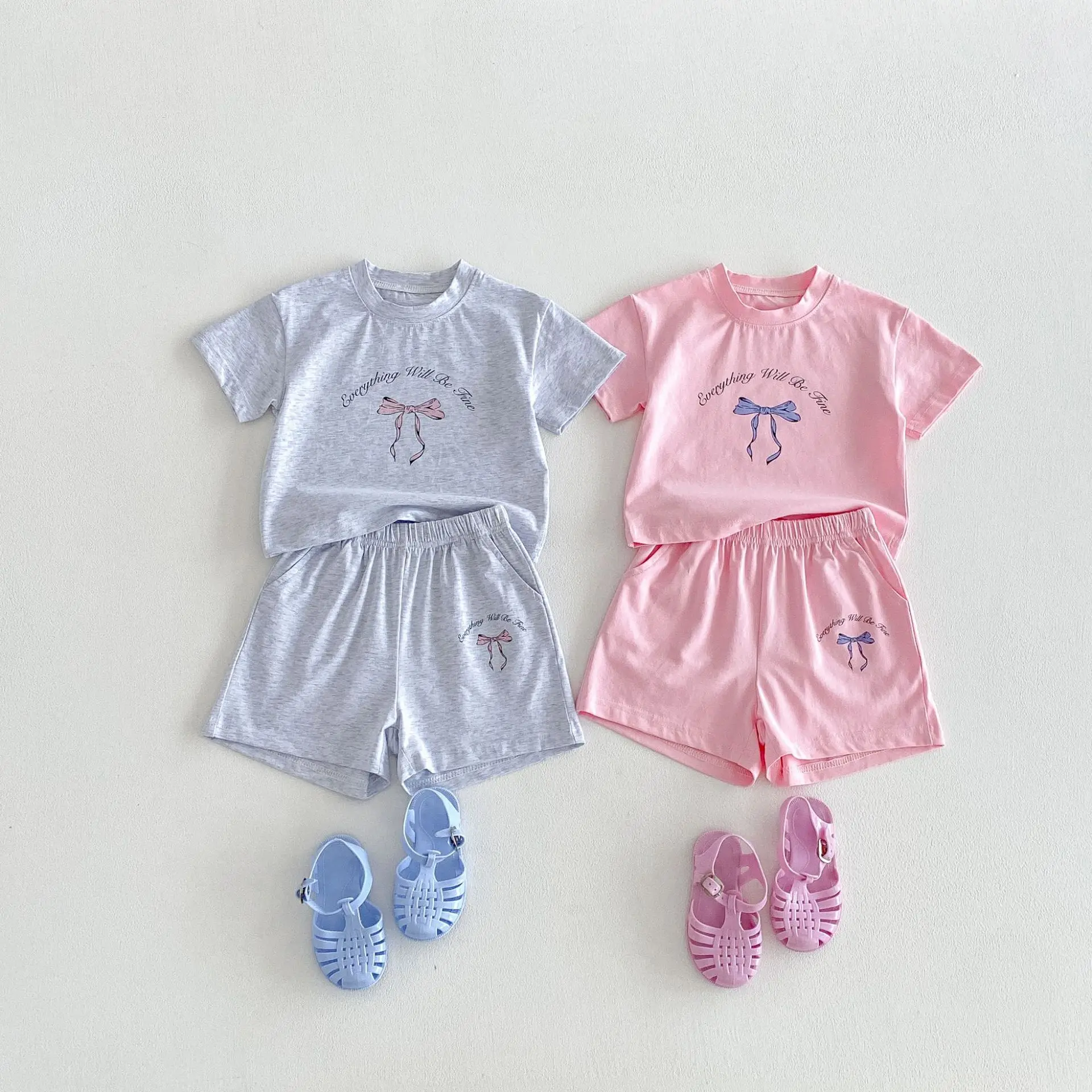 

2026 Summer New Children Short Sleeve T Shirts Two-piece Set Boys Girls Bow Print Clothes Set Thin Cotton Toddler Outfits